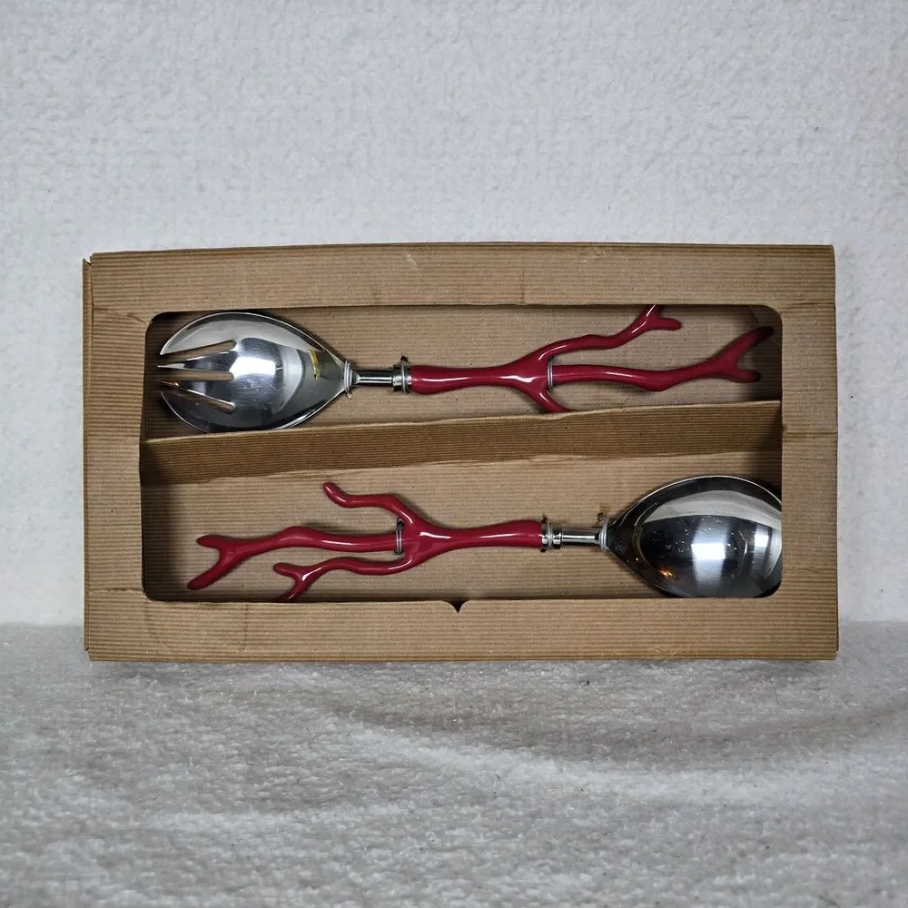 NEW Pottery Barn Red Coral Acrylic Handles Salad Spoon Spork Stainless Steel